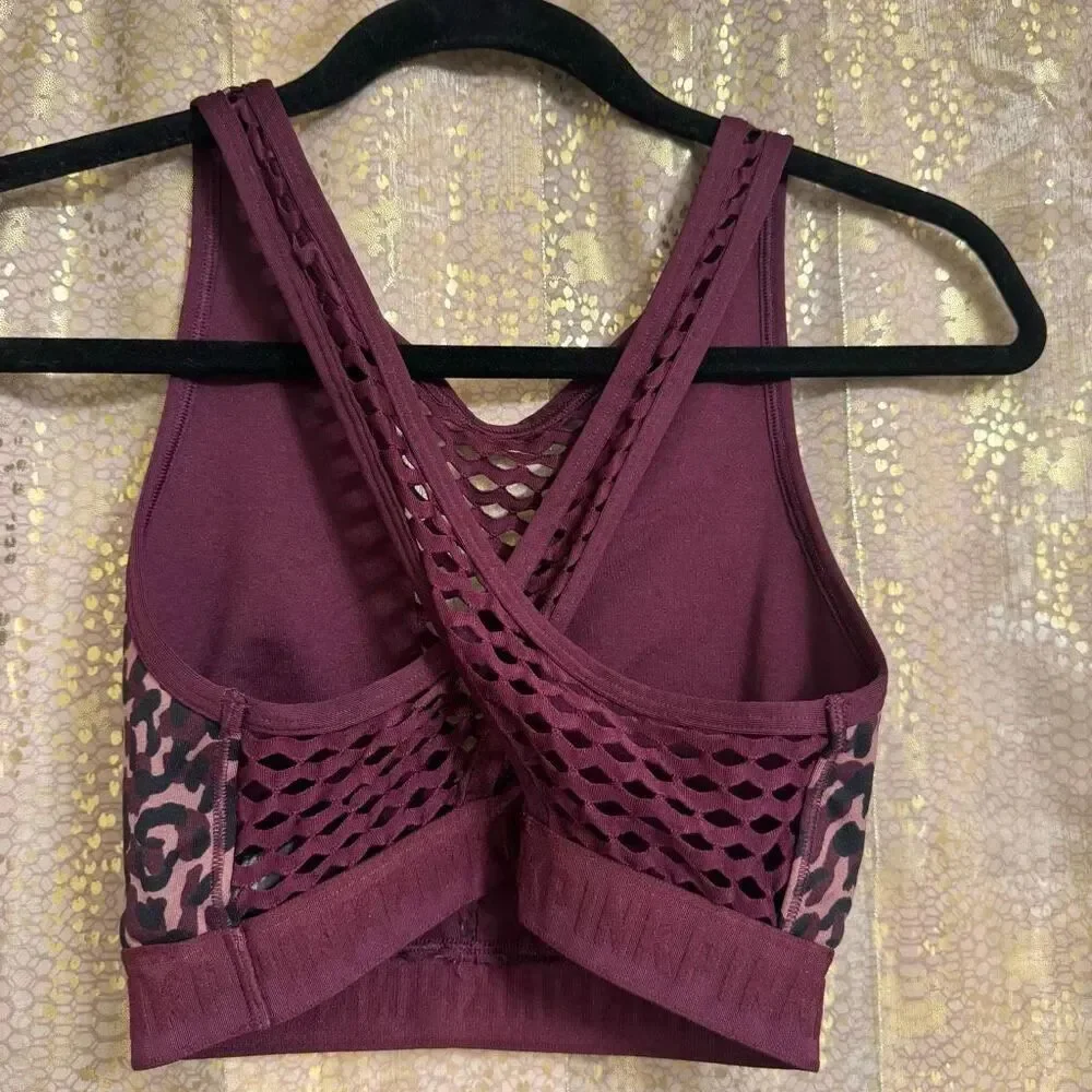 PINK Victorias Secret Ultimate Unlined Maroon Leopard Sports Bra Small-DD